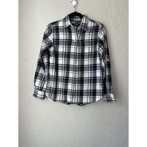 Lauren Ralph Lauren Plaid Button Down‎ Shirt Roll Tab Sleeves Black White PS